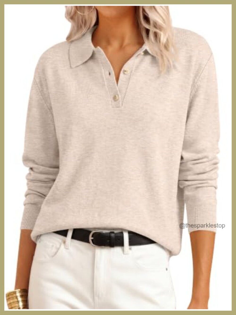 Polo Collared Knit Long Sleeve Pullover Sweater Ribbed Trim